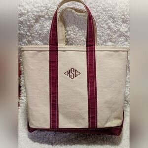 LL BEAN Canvas Boat & Tote Bag Medium Size Red Straps with "MSC" Embroidered